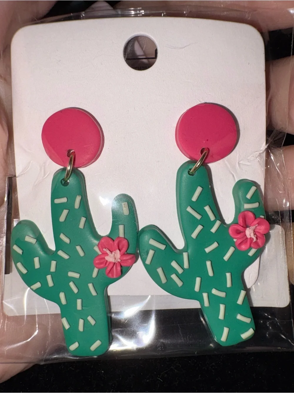 Cactus Clay Dangle Earrings - Green & Pink